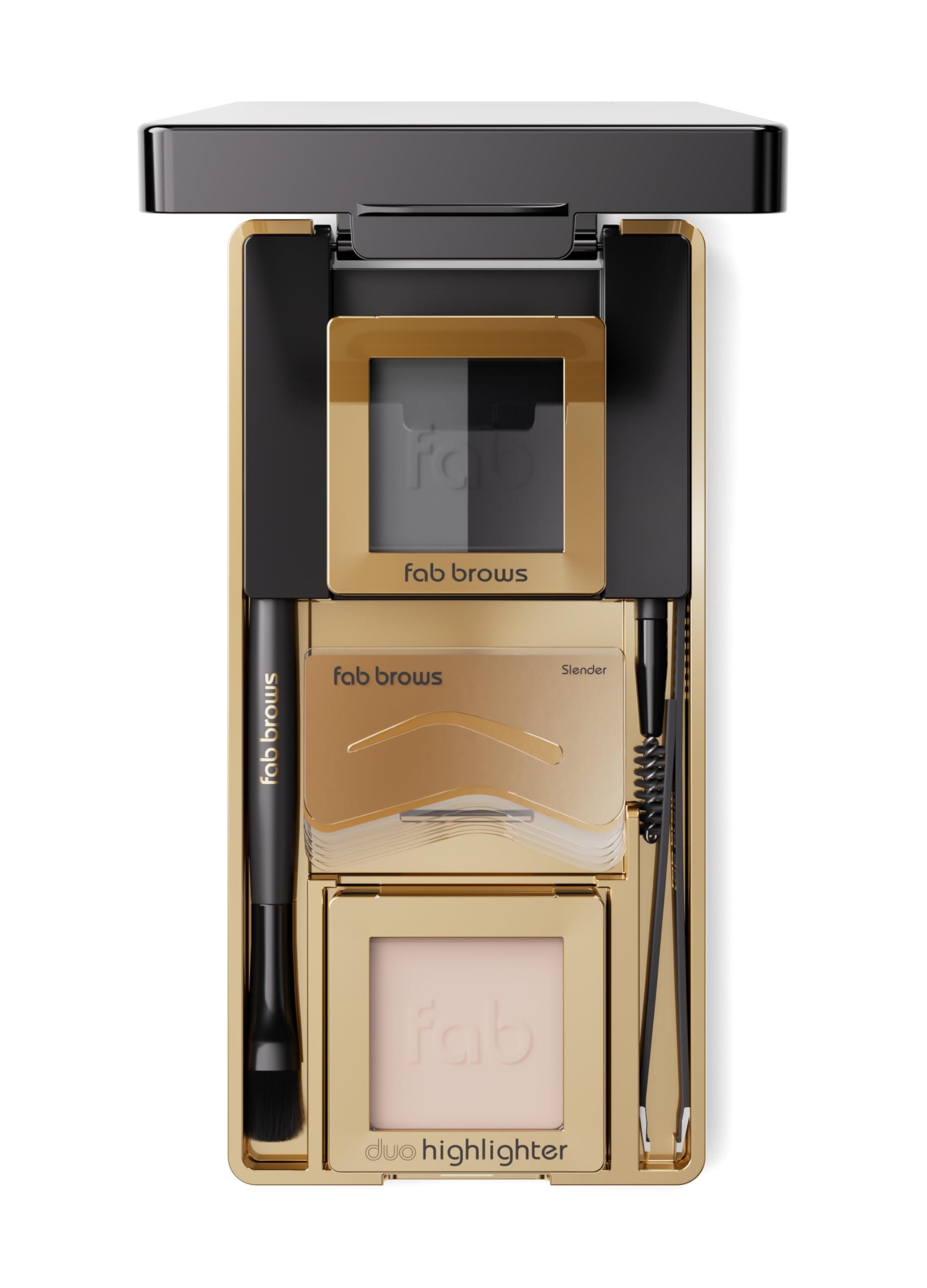 Fab Brows Fab Brows LUX Duo Stencil Eyebrow Kit - The Ultimate Brow Stencil Kit with Duo Brow Powder, Highlighter Powder, Stencil Shapes, Eyebrow Tools & Mirror - Eyebrow Stencil Kit Makeup - Slate/Black