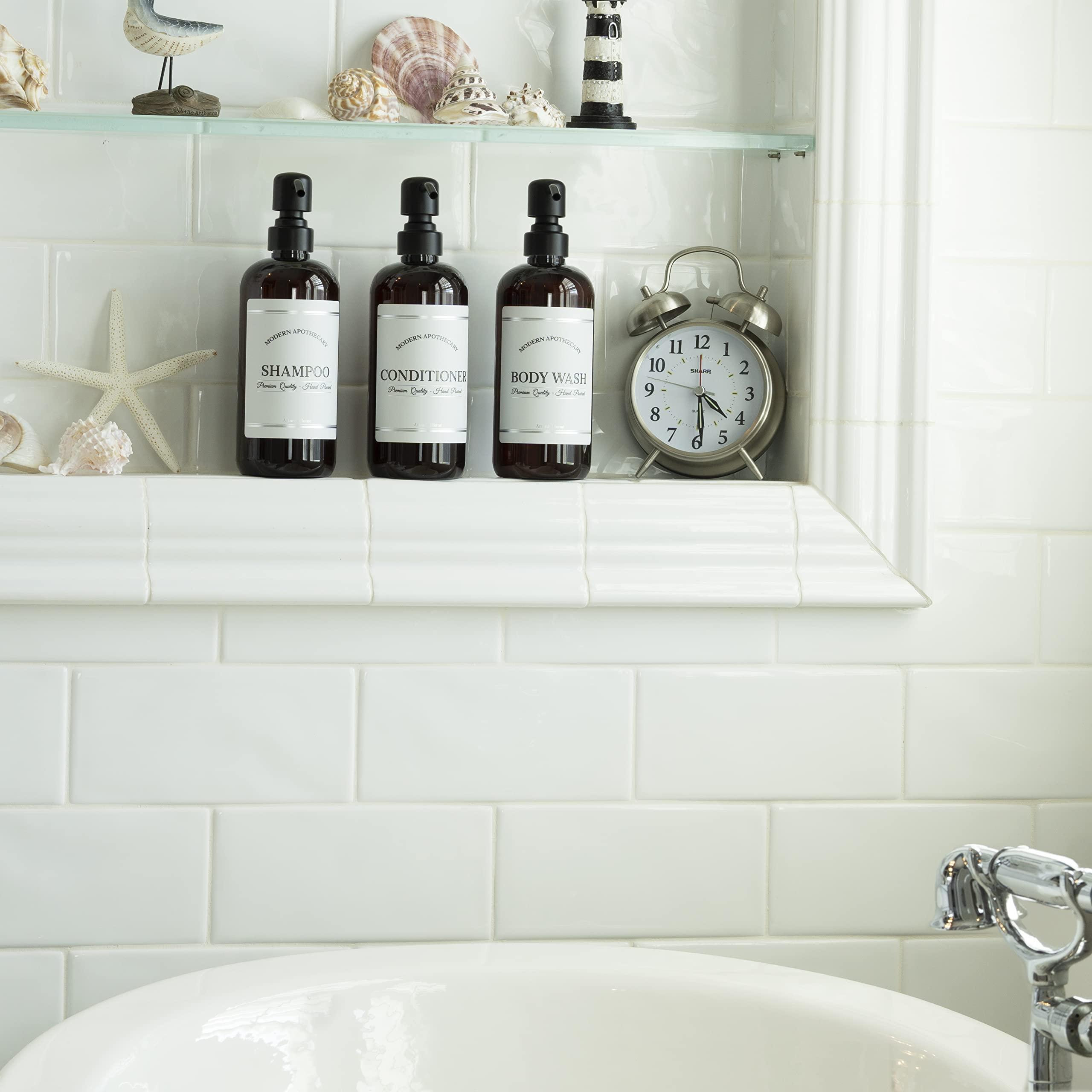 Artanis Home Amber Refillable Shampoo and Conditioner Bottles - Body Wash, Shampoo and Conditioner Dispenser - PET Plastic Shampoo Bottles Refillable with Pump - Waterproof Labels - 16 oz, 3 Pack (Black Satin)