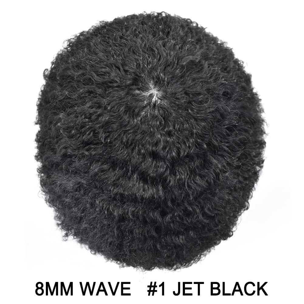 Generic Afro Mens Toupee Curly Hairpieces for Black Men 0.1mm Full PU Brazilian Human Hair Units African American Men Toupee Man Weave Hair Unit Mens Hair System Curly 8x10 1# JET BLACK-8MM Afro Wave