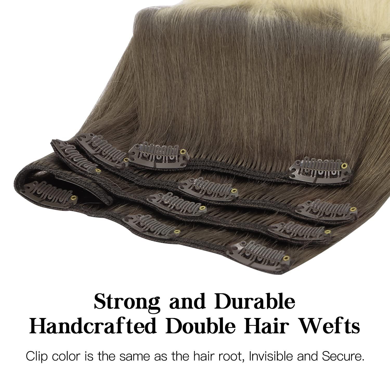 hotbanana HOTBANANA Human Hair Clip in Hair Extensions, Ombre Sandy Brown to Platinum Blonde 120g Clip in Hair Extensions Real Human Hair Straight Remy Hair Clip in Hair Extensions 18 Inch 7pcs