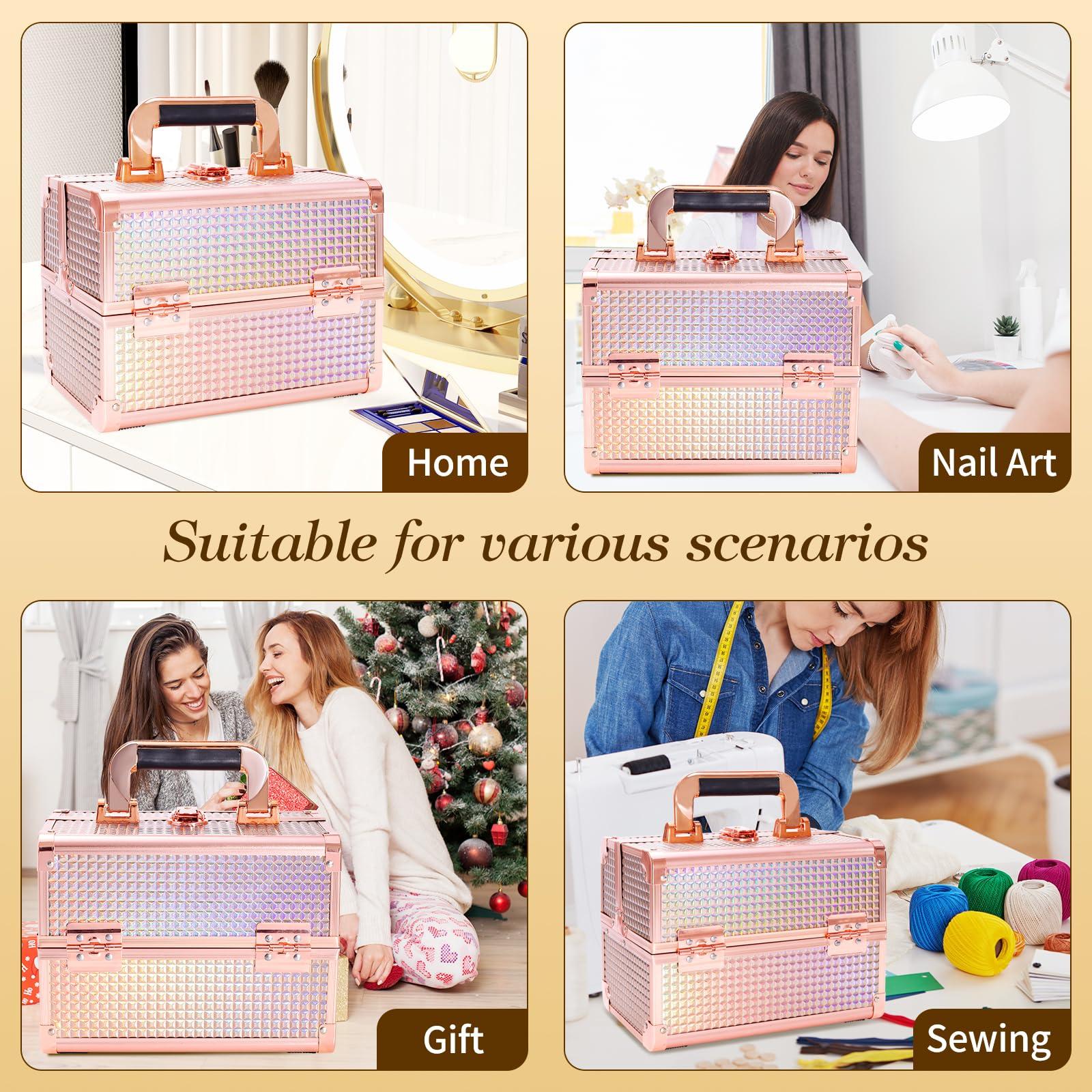 Trotianingyu Makeup Train Case Lightweight Cosmetic Box Portable Lockable Makeup Case Organizer 2 Trays Makeup Storage with Mirror Locking for Traveling Makeup Storage Box-Rose Gold