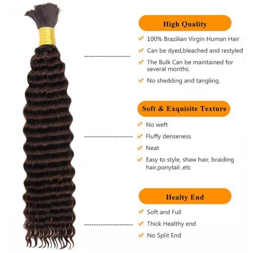 Kiss darling LASHES Micro Braiding Hair Human Bulk Hair Deep Wave Bulk 16\"Inch Brazilian Virgin Human Braiding Hair for Micro Braids Hair No Weft Human Hair Braids Extension #2 Brown Color