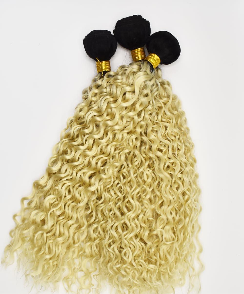 Juesoary Juesoary T1B/613 Curly Wave Brazilian Remy Human Hair Bundles With Baby Hair Hair Weave Unprocessed Virgin Hair Black To Blonde Hair Bundles 16 18 20 Inch