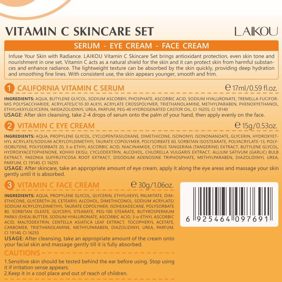 LAIKOU Skin Care Set Vitamin C Beauty Gift Sets Skin Care Kit with Serum, Eye Cream, Face Cream Travel Kit for Women Mom Wife Sister Daughter Teen Girls TSA-friendly Sizes Birthday Gift 3pcs