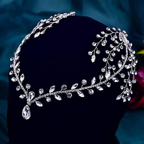 Generic Rannyrena Bridal Rhinestone Headband with Side Combs Sparkling Crystal Forehead Teardrop Head Chain Wedding Hair Accessories for Women (Silver)