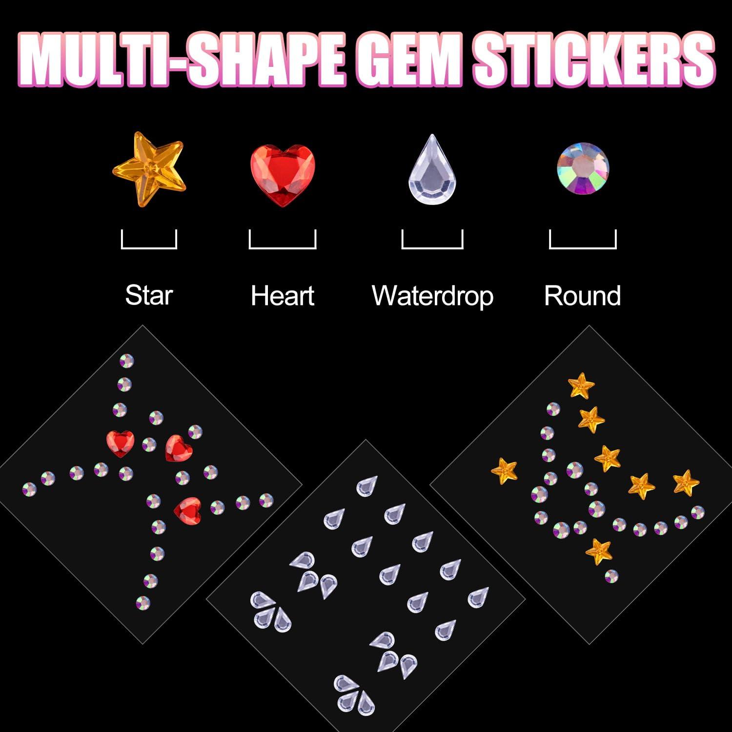 BELLEBOOST 6 Sheets Face Gem Stickers Set 2, Rainbow Mixed Shape Crystal Self Adhesive Rhinestones Face Jewels Stick on, with Makeup Glue for Makeup Eyes Face Hair Nails Body, Crafts and Decorations