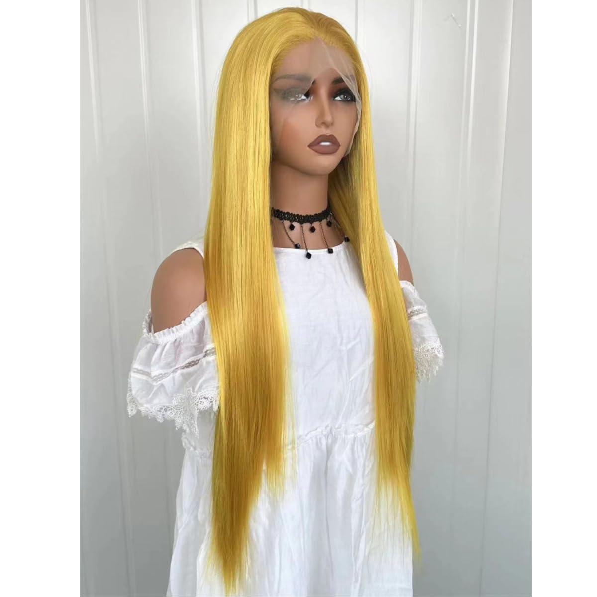 Greenmirr Greenmirr Yellow Lace Front Wig 13X4 Lace Long Straight Heated Synthetic Golden Blonde Lace Wigs 24in