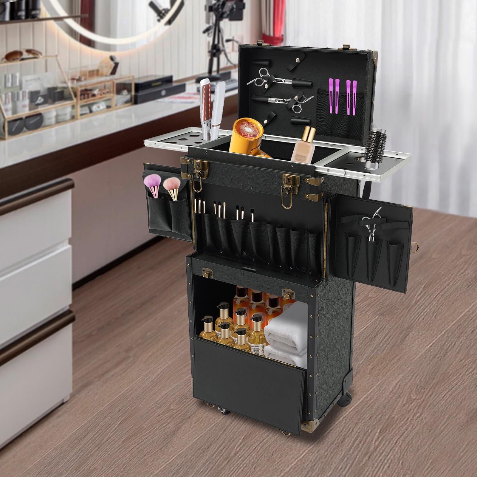 CAIHAOA CAIHAOA Rolling Lockable Makeup Train Case, Lockable Makeup Train Case Hairdressing Trolley, Cosmetology Case with Wheels, Hair Dryer Holder, 2 Mobile Password Locks and 2 Keys, Black