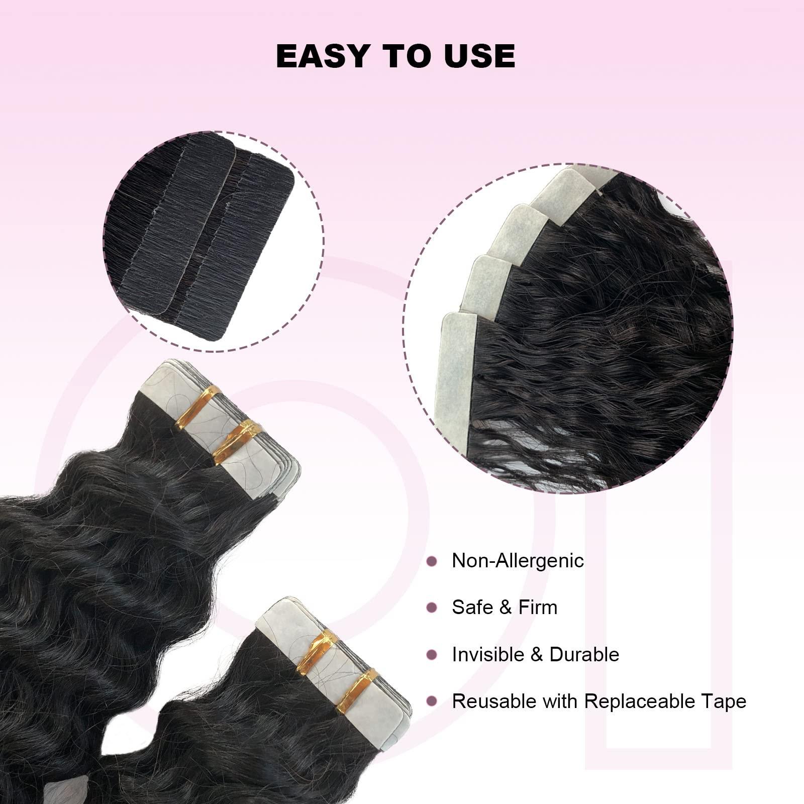 OiMiGO Natural Black Curly Hair Extensions, 40 Pieces 100g OiMiGO Brazilian Human Hair Kinky Curly Tape in Extensions 3C 4A Tape ins Extension for Black Women 22 Inch Soft Curly Tape Extensions Real Hair