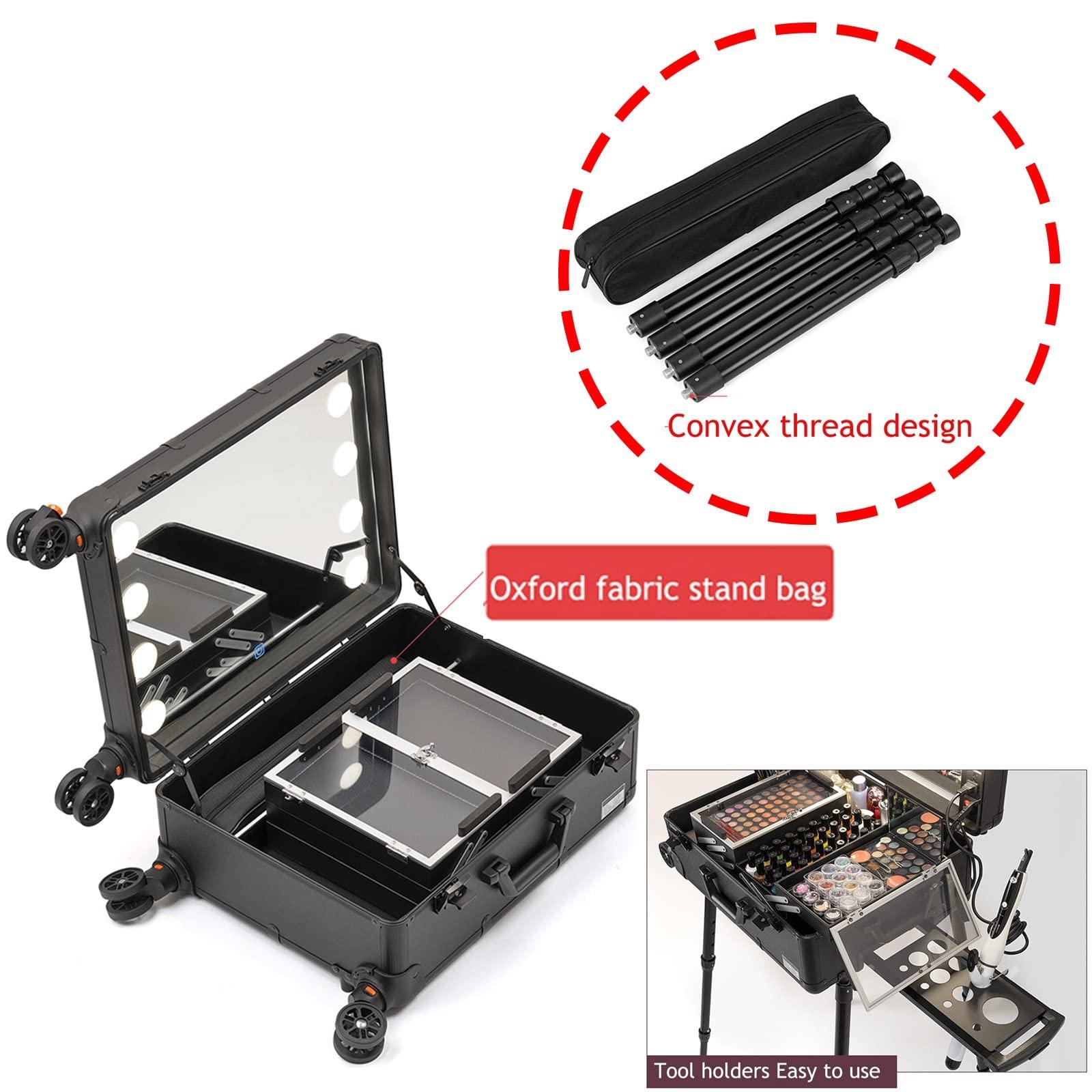 HJXGQJM Rolling Makeup Case Professional Makeup Train Case Makeup Artist Travel Organizer, Make-up Case With LED Light, 3-colour Light Source,Cosmetic Case With Stand, Black Aluminium Make Up Case cosmetic ca