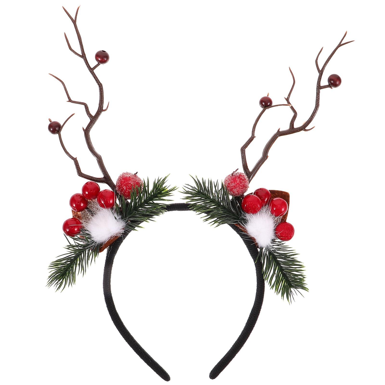 LOGOFUN LOGOFUN Christmas Antler Headband Xmas Antler Hair Band with Red Berries and Hairball Christmas Elk Horns Headdress for Women Girls Xmas Party Costume Hair Accessories