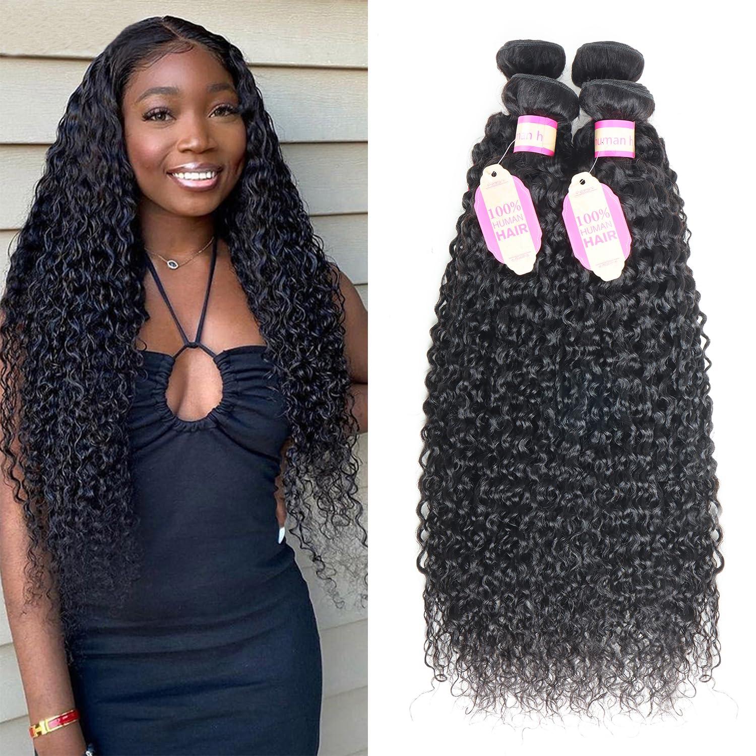 Ainimiu Curly Wave Human Hair 4 Bundles Brazilian Raw Virgin Hair Weave Bundles Jerry Curly Wet And Wavy 12A Grade Long Unprocessed Human Hair Extensions Natural Black 20 22 24 26 inch 100g/pc