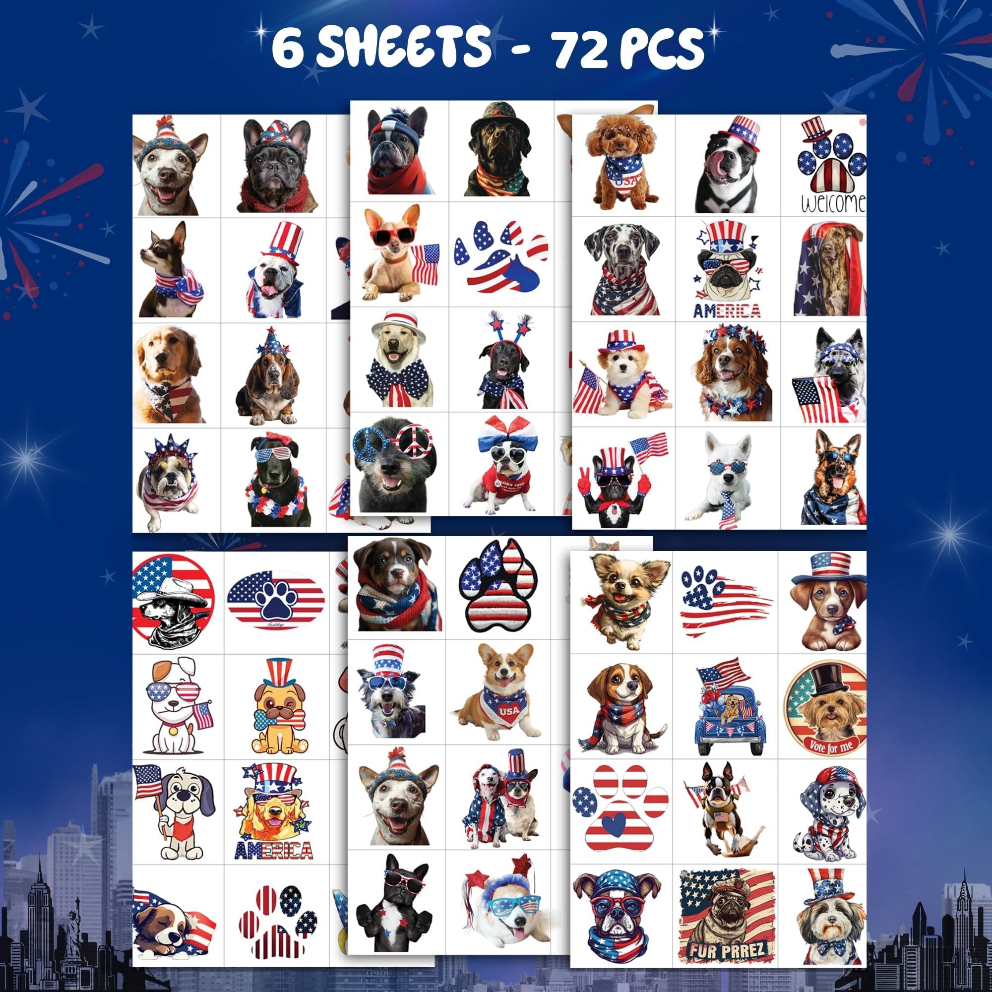 MIIVOYAGE MIIVOYAGE USA Dog Temporary Tattoos 72pcs Individually American Flag Tattoos, Waterproof Sweat National Flag Removable Fake Tattoos, Red White and Blue Party Supplies, Patriotic Party Decorations