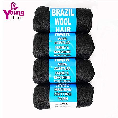 Youngther 100% Brazilian Wool Hair Acrylic Yarn for African Braids/Senegalese Twist/Faux Locs/Wraps with Crochet Hook(4 Roll, Natural Black)