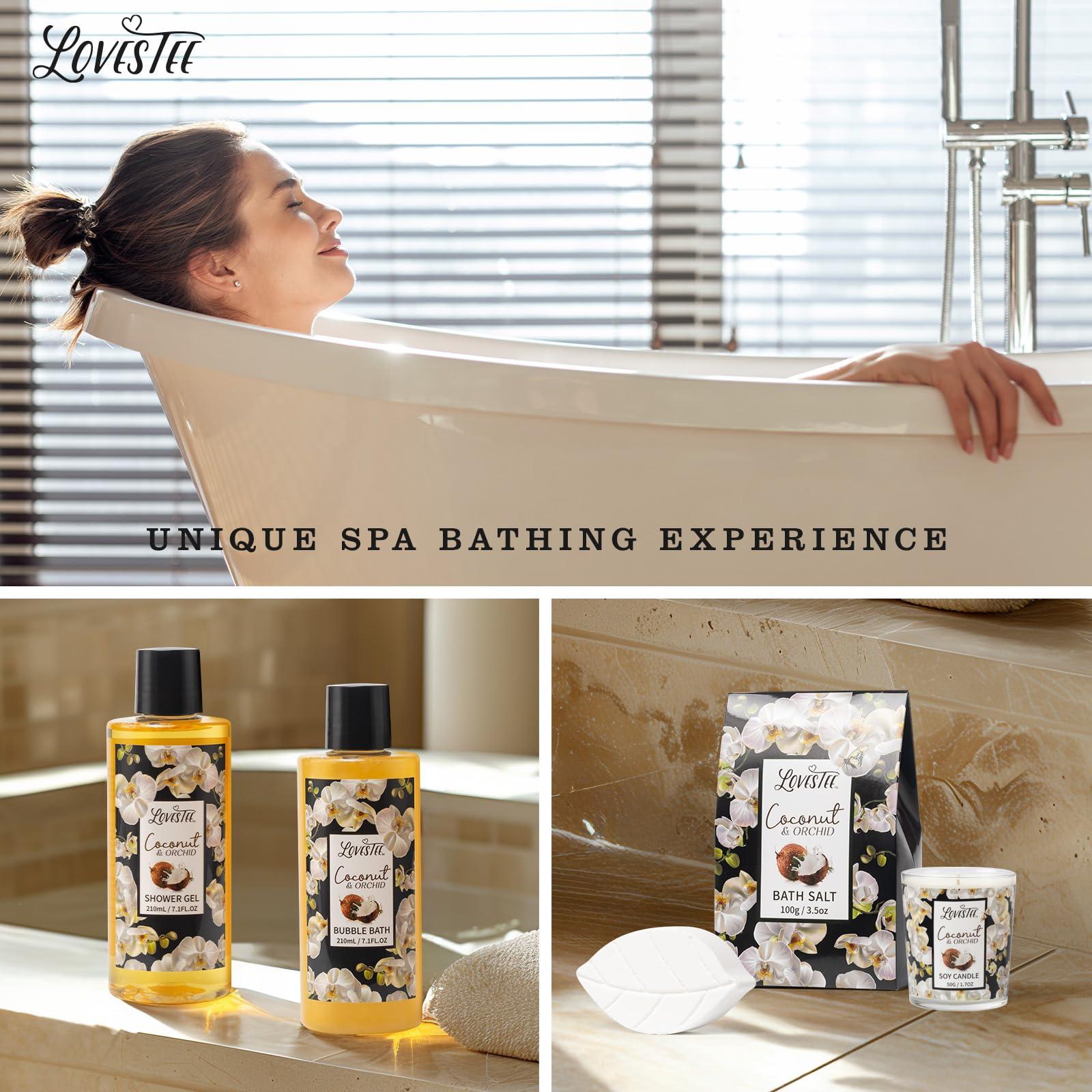 LOVESTEE Valentines Day Spa Gift Baskets For Women, Spa Gifts For Women, Coconut & Orchid Bath & Body Set, Includes Shower Gel, Hand Cream, Body Lotion, Candle And More, Gifts For Women, Gift For Mom