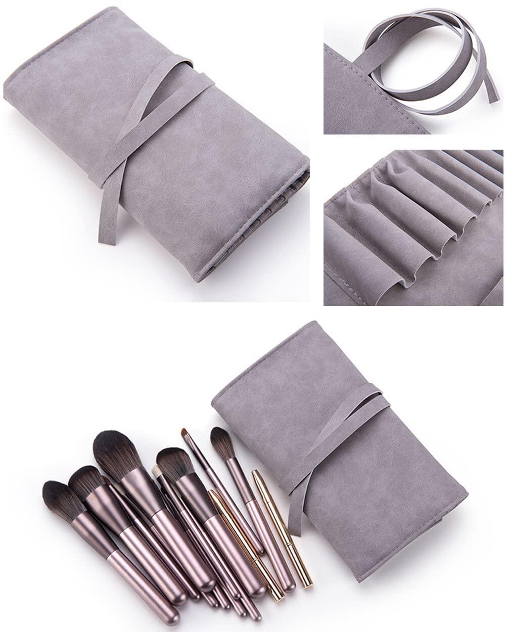 VASANA Gray Soft Makeup Brush Rolling Case Mini Cosmetic Brush Organizer Portable Roll Up Brush Holder Pouch Bag for Travel Business Trip 14 Pockets