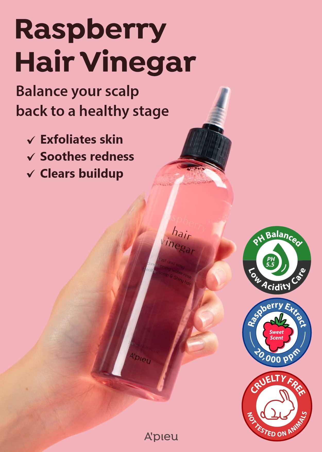 A'PIEU APIEU Raspberry Hair Vinegar Rinse 6.76 Fl oz - Scalp Treatment for Balanced pH, Shiny Hair | Korean Hair Care I Clarifies & Encourages Growth | Dandruff & Oil Control