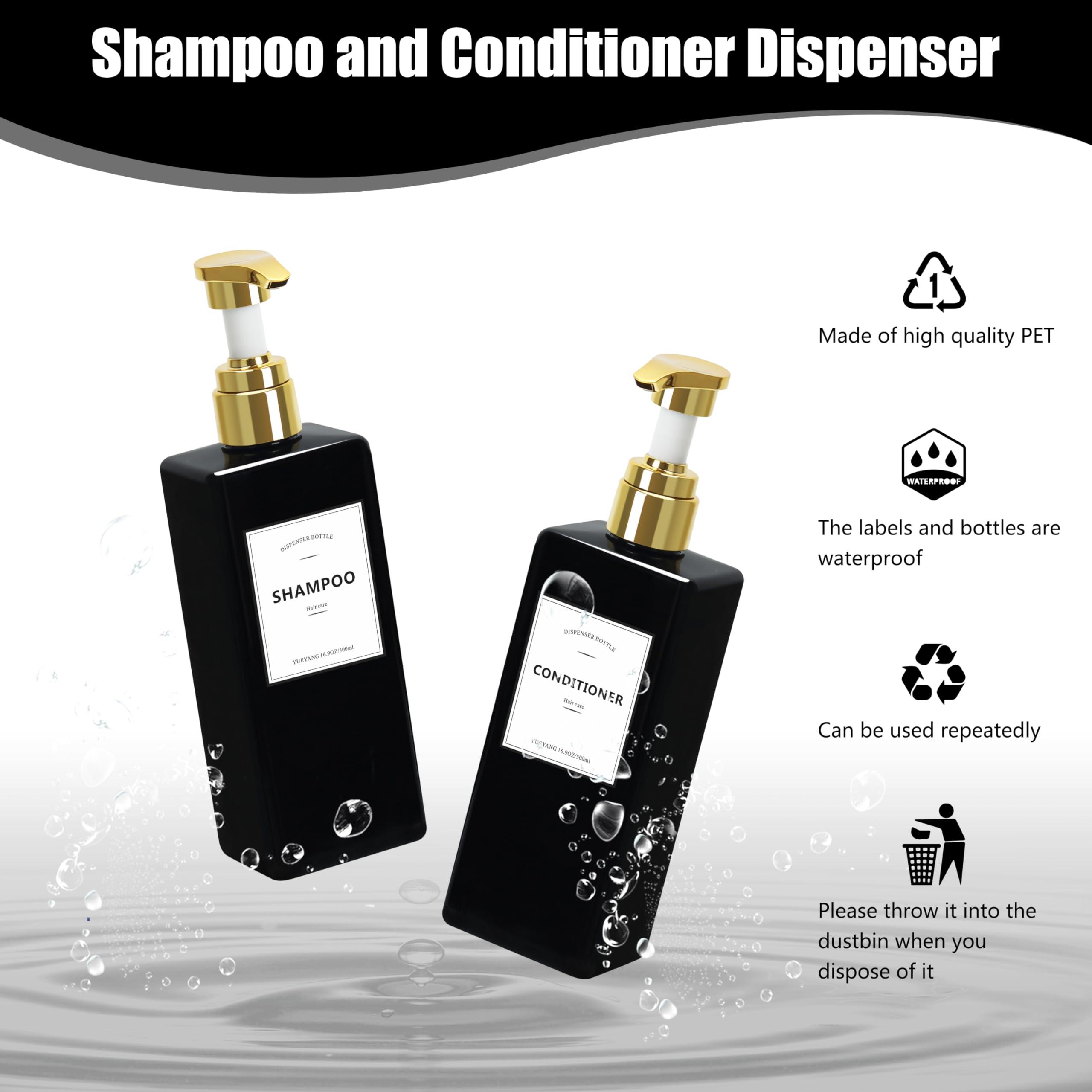 YUEYANG YUEYANG Black Shower Bottles Refillable with Labels, 16.9OZ Pack of 3 Empty Black Shower Dispenser with Gold Pump, Boutique Plastic Bottles for Body Wash, Body Oil