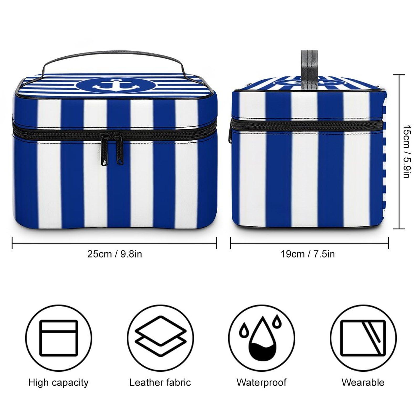 Nosarte Nautical Blue and White Anchor Striped Cosmetic Bag, Travel Portable Makeup Bag for Purse Pouch Beauty Zipper Organizer Toiletry Bag for Women