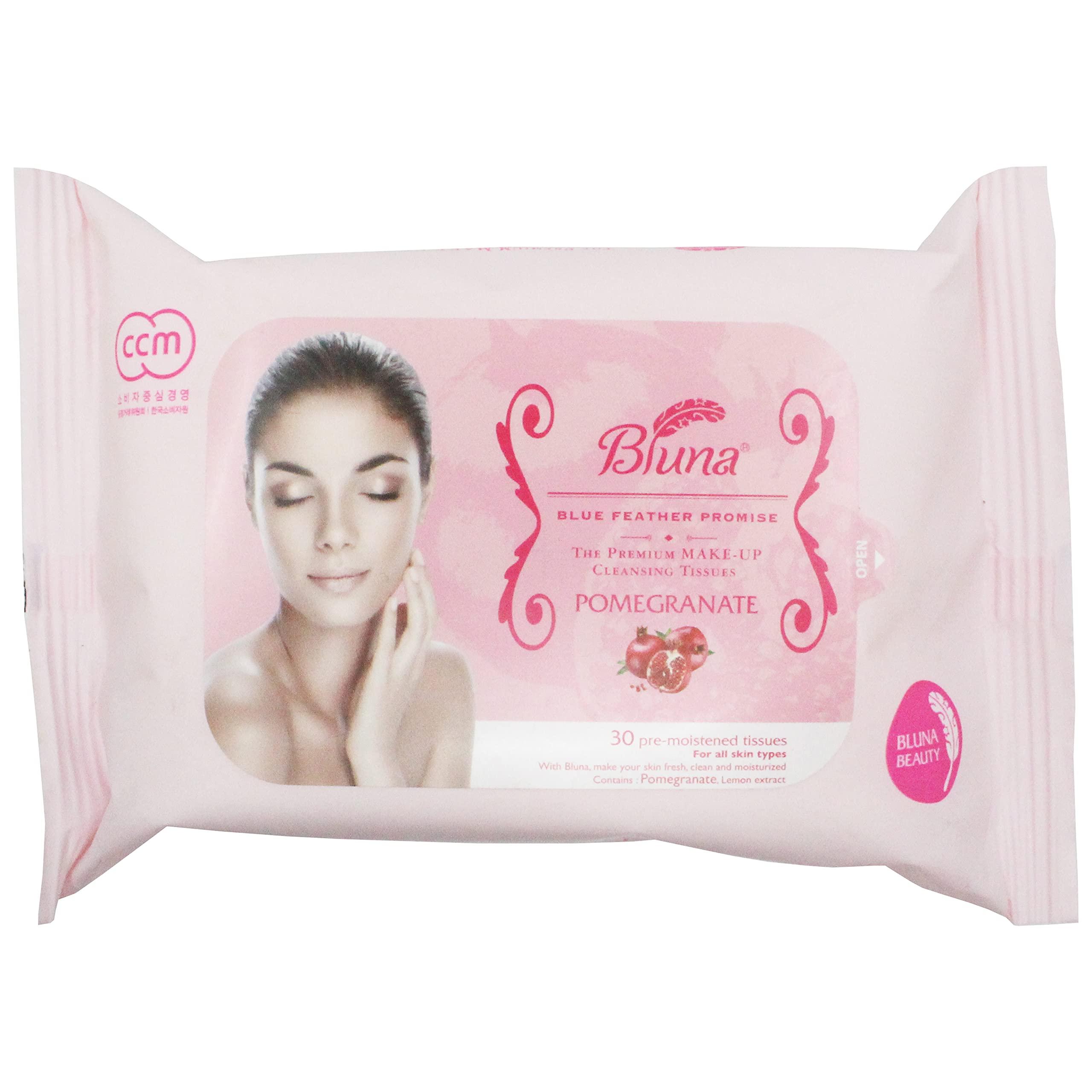 bluna Bluna Facial Make-Up Cleansing Tissue for All Skin Types, Pomegranate, 30ct per pack (2 PACK)