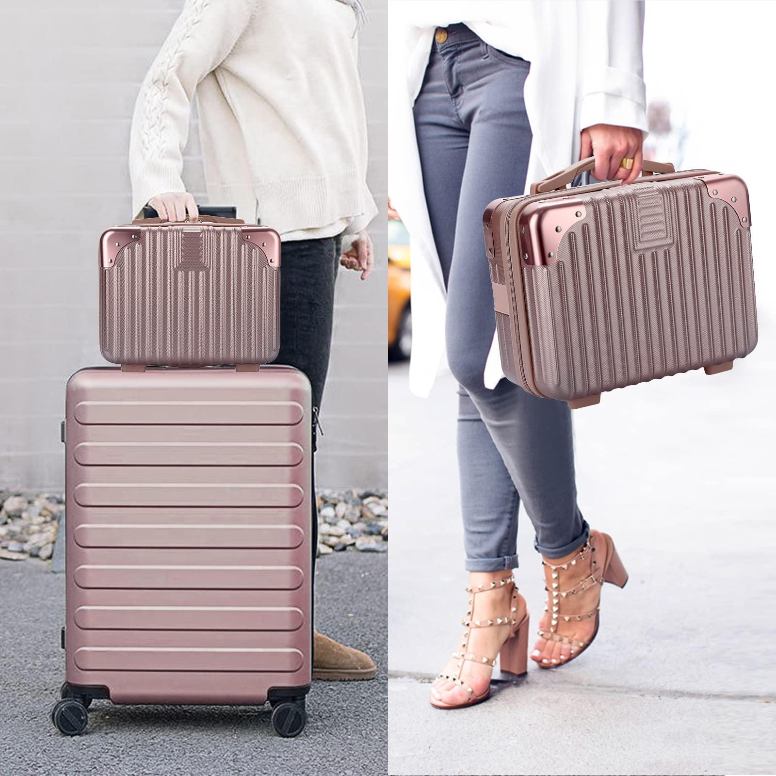 BSTKEY BSTKEY Portable Hard Shell Cosmetic Travel Case, Small Travel Hand Luggage with Elastic Band, Mini ABS Carrying Makeup Case Suitcase, Rose Gold