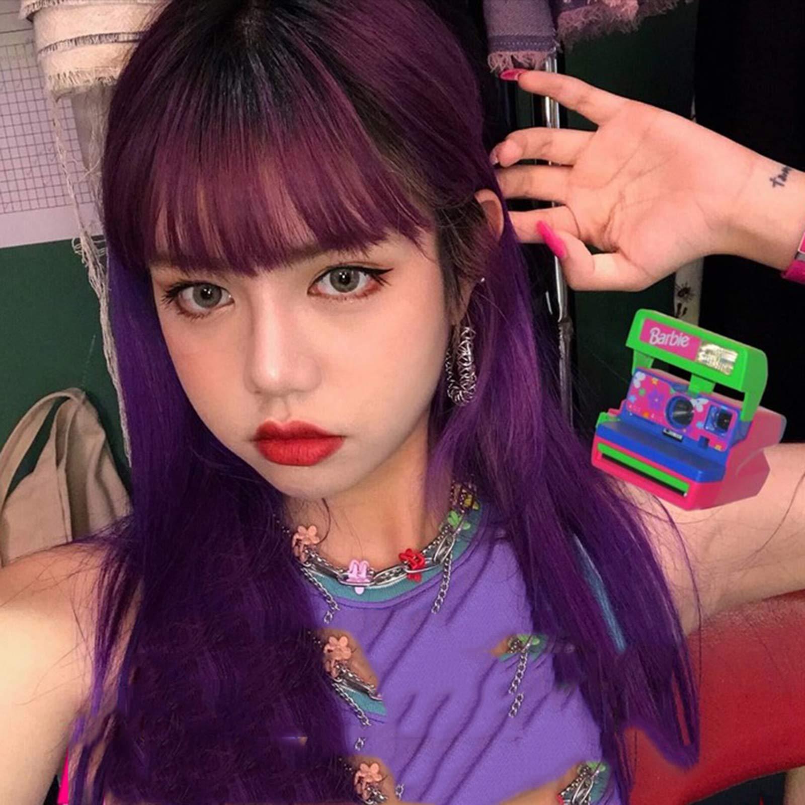 ZXCASDF ZXCASDF Wig Female, Purple Wig Long Hair, Lolita Natural Lifelike Long Straight Hair Harajuku Temperament COS Full Headgear, Breathable And Easy To Wear,Feather purple