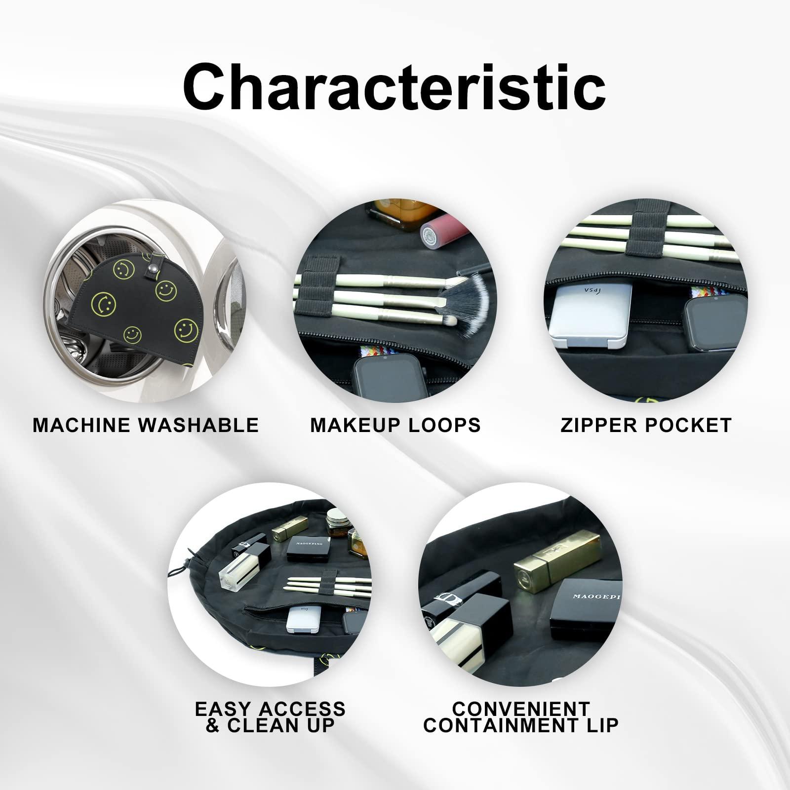 MESTOOTH MESTOOTH Drawstring Makeup Bag Open Lay Flat,Large Capacity Cosmetic Bag For Women Purse With Compartments,Travel Toiletry Bag Accessories Organize (Green) (black)