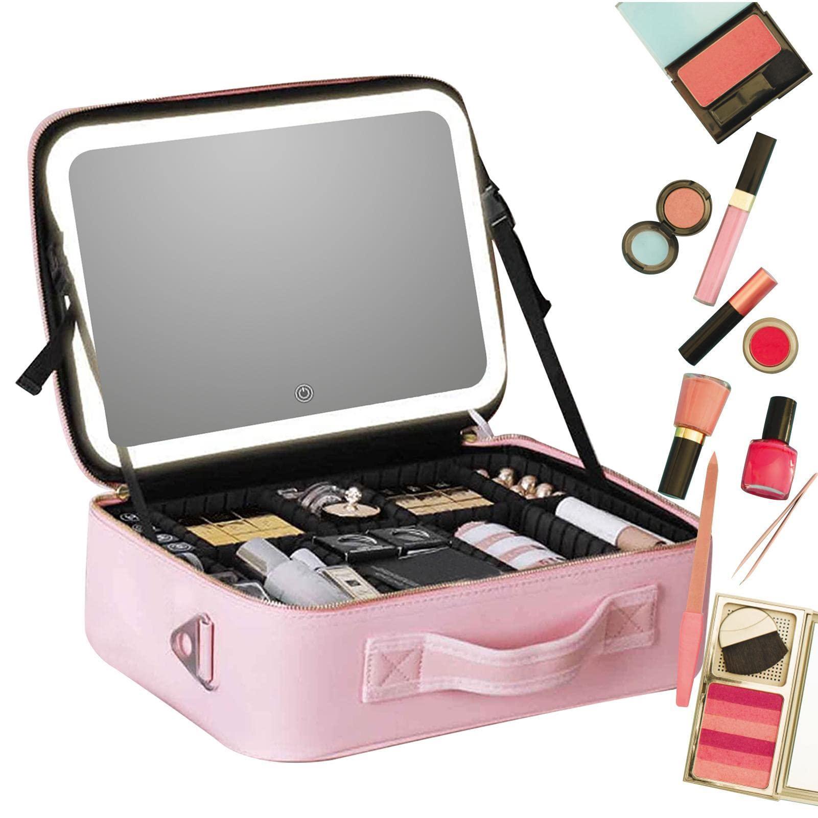 Generic Large Capacity PU Leather Professional Makeup Bag Travel Cosmetic Bag with Mirror and Lights, Waterproof Portable Makeup Organizer Make up Bag with Compartment for Travel Traveling Toiletry Bag