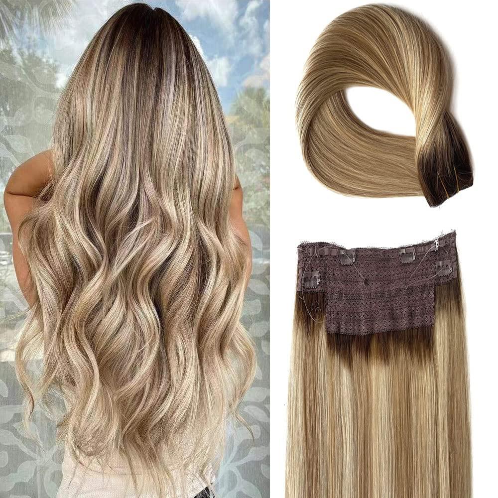 SUNFA Halos Hair Extensions, Fish Line Hair Extensions, Wire Extensions Human Hair,14Inch 70g Ombre Balayage Ash Brown to Dirty Blonde and and Platinum Blonde Highlights Straight Hairpiece Flip in Hair Extensions Clip in Extensions with Invisible Fish Line