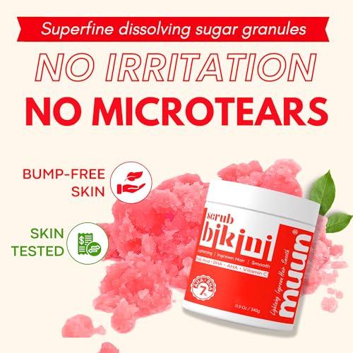 Muun Bikini Area Exfoliator, 2% Kojic Acid Vitamin C & 7% AHA/BHA Even Skin Tone & Ingrown Hair - Underarm Scrub - Radian, Smoothe & Soften Body Scrub