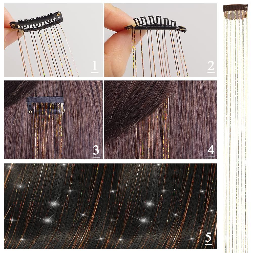 Newfacefure Gold Clip in Hair Tinsel Extensions Kit Heat Resistant, 19 Inch Glitter Fairy Tinsel for Hair with 6 Packs Clips on,Sparkly Hair Tensile Extension Accessories for Women Girls Kids(GOLD)