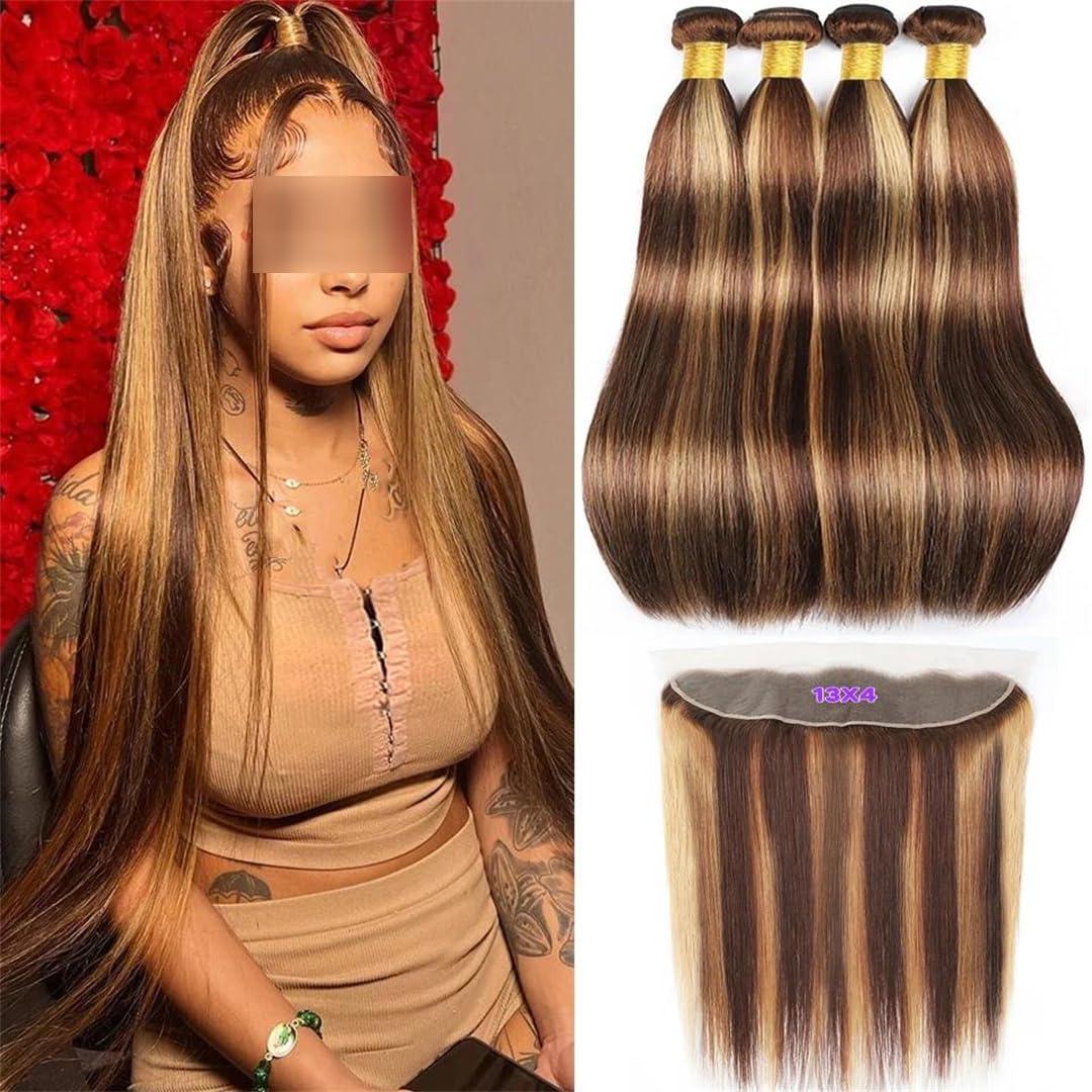 Wjnvfioo Highlight Bundles With Frontal Straight Bundles With Frontal Brazilian Human Hair Bundles With Frontal Free Part Highlight P4-27 22 22 22frontal18#13\" x 4\"