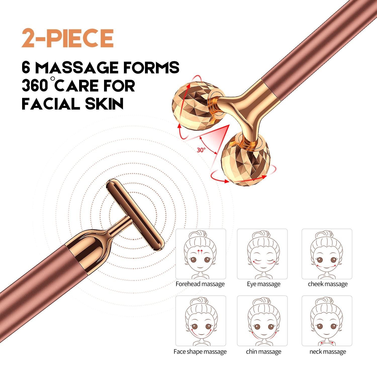 Beauty Bar 2-IN-1 Beauty Bar 24k Golden Pulse Facial Face Massager, Electric 3D Roller and T Shape Arm Eye Nose Head Massager Facial Roller Massager Kit Skin Care Tools