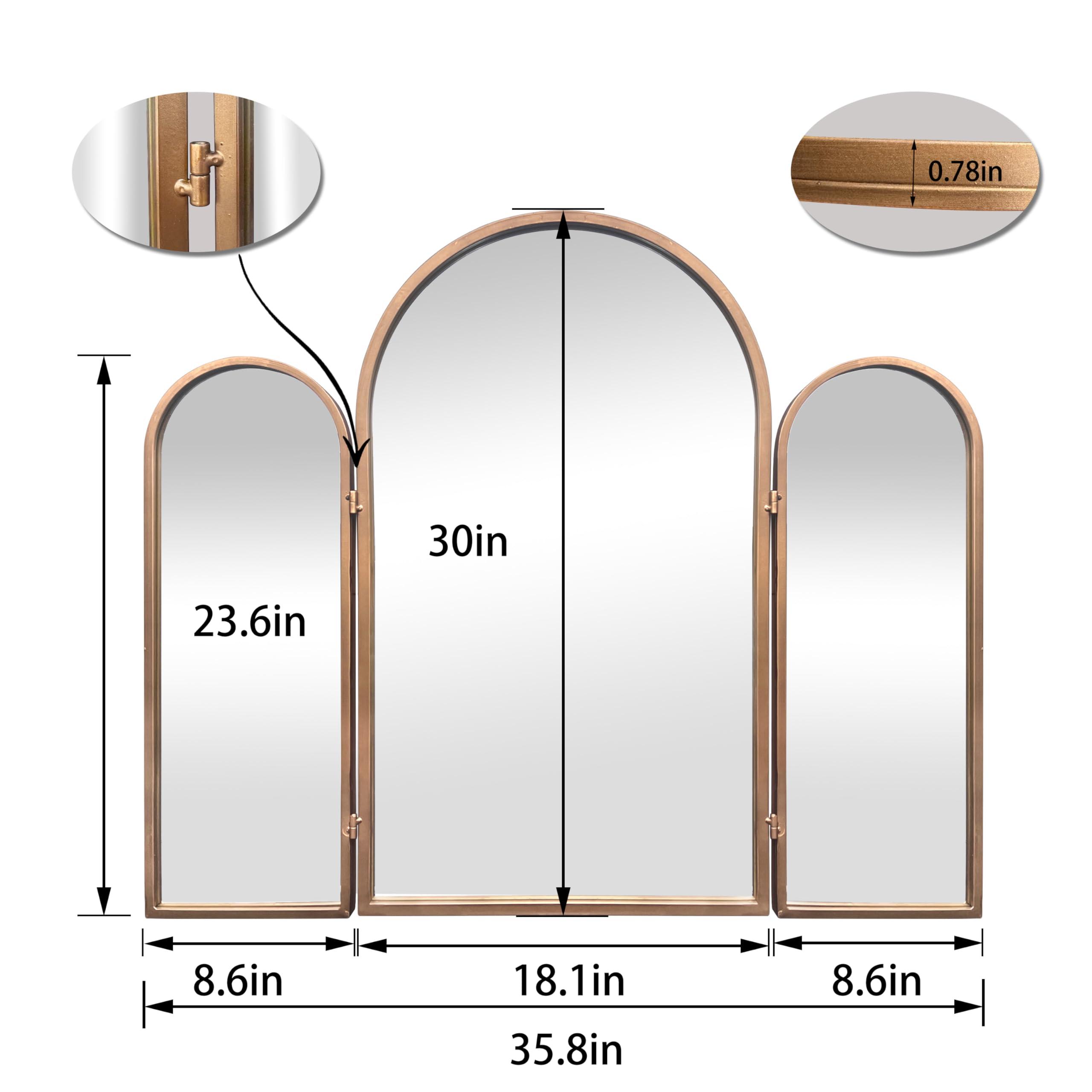 BAODANFU BAODANFU 3 Way Mirror Bathroom, Trifold Vanity Mirrors for Bathroom Bedroom, Large Arch Mirrors Decorative Vintage Gold, Adjustable Makeup Mirror for Braiding Hair 360 Way Tabletop & Wall Mounted