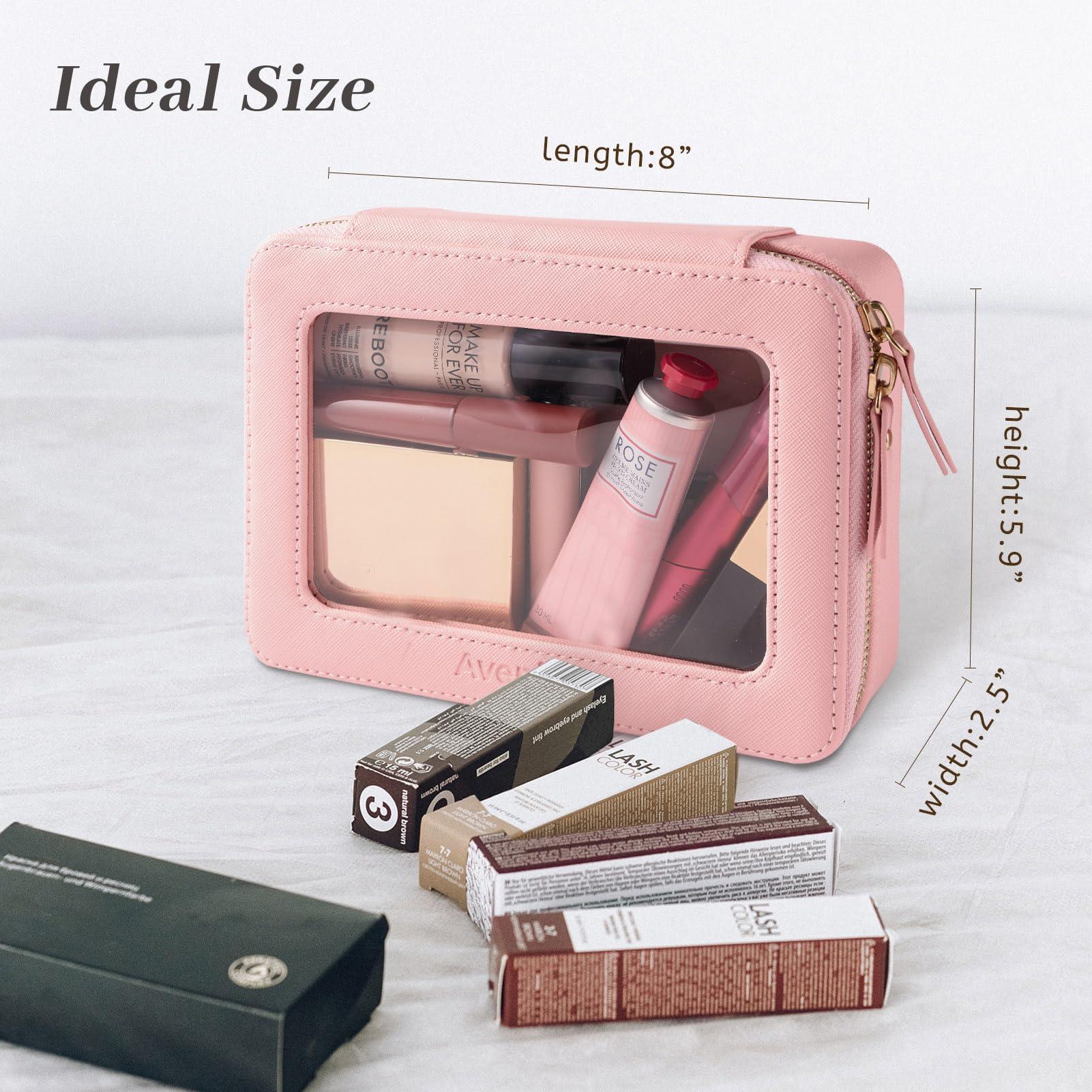 Aveniee Aveniee Clear Makeup Bag Organizer, Portable Travel Toiletry Cosmetic Bag Case for Women, Heavy Duty Make Up Pouch with Transparent Vinyl Windows & Gold Zippers(Pink)