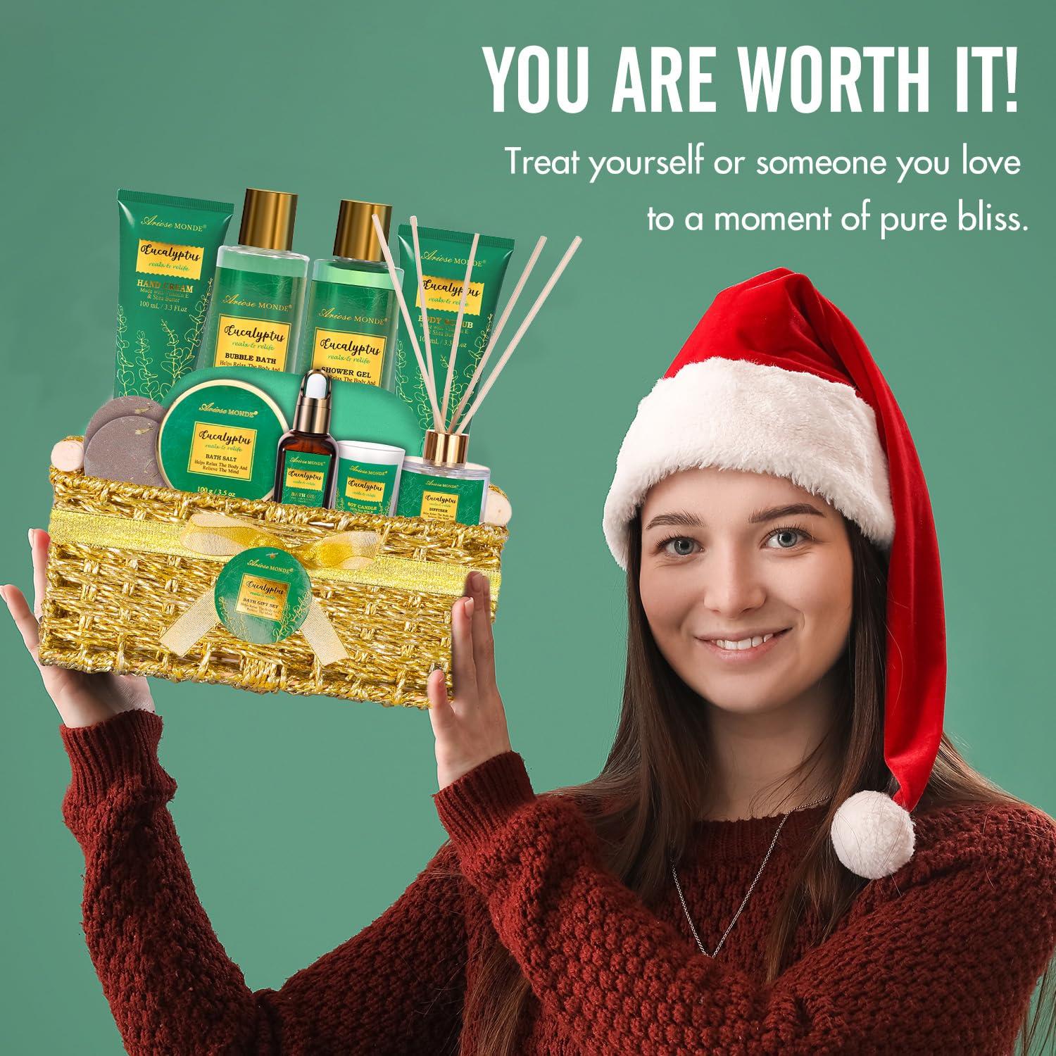 ArioseMonde Gift Baskets for Women, Spa Gifts for Women-13pcs Eucalyptus At Home Spa Kit with Body Salt, Bubble Bath. Relaxing Bath Sets for Women Gift, Birthday Gifts for Women, Mothers Day Gifts for Mom