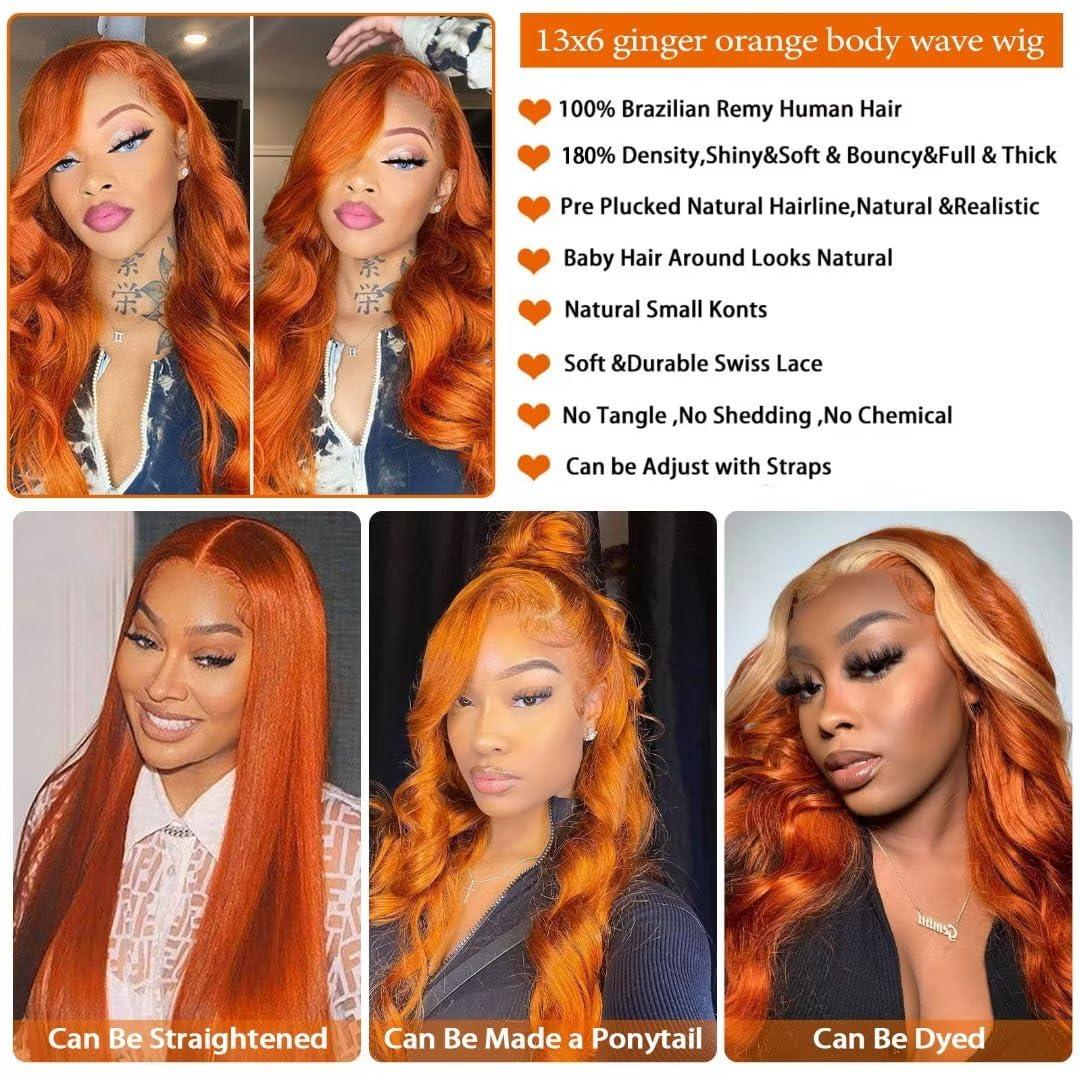 Daules Daules Ginger Curly Lace Front Wigs Human Hair 26in+Ginger 136 Lace Front Wigs Human Hair Body Wave 20in
