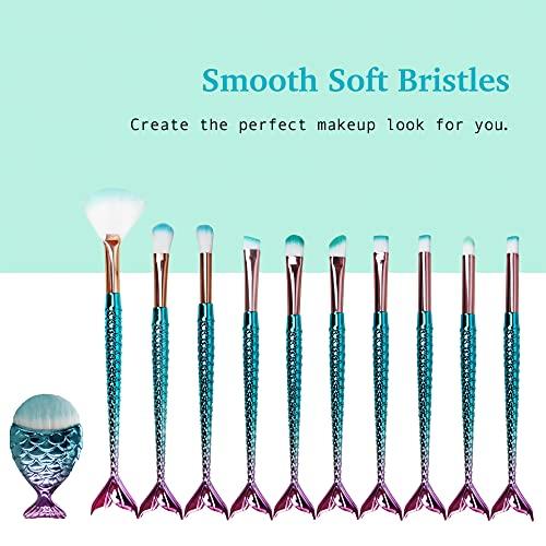 NIZIYI Mermaid Makeup Brushes Sets, Mermaid Makeup Cosmetic Brush Set Soft Nylon Bristles Beauty Brushes Kit Foundation Powder Cream Eyebrow Eyeliner Blush Cosmetic Concealer Brush with Bag