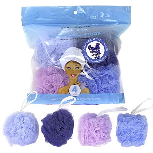 Spa Savvy Spa Savvy Bath Sponges for Shower – 4 Pack Shower Pouf Luffa Sponges – Exfoliating Body Scrubber Bath Loofahs – Loufa Shower Puff Balls, Bulk Mesh Poof Shower Scrunchies Lavender & Retinol Infused