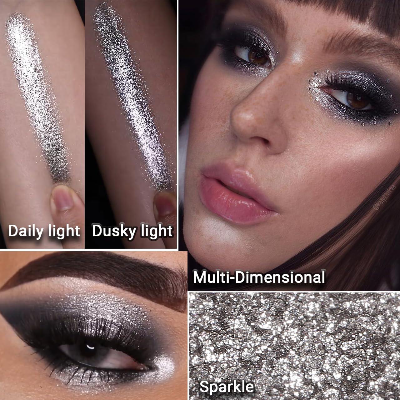 Afflano Afflano Silver Glitter Eyeshadow Super Pigmented, Intense Color Gray Silver Eyeshadow Palette Single, Long Lasting Sparkle Shimmer Metallic Glitter Eyes Look, Blendable Neutral Grey Eye Shadow Makeup