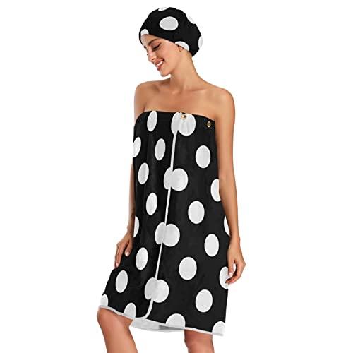 Qilmy Qilmy 3PCS Polka Dot Bath Towels Bathrobe Set for Women, Adjustable Wrap Drying Hair Cap Headband Bath Towel for Spa, Shower, Gym