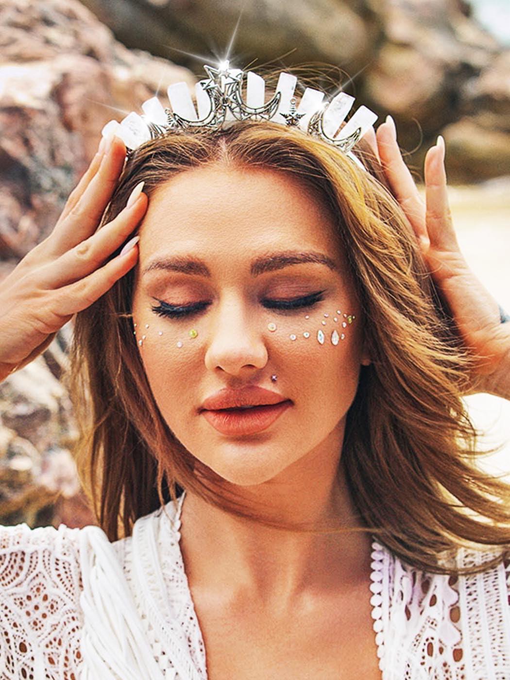 Formery Formery Star White Quartz Headband Silver Crescent Moon Natural Stone Crown Hairband Halloween Cosplay Wedding Crystal Tiara Headpiece for Women