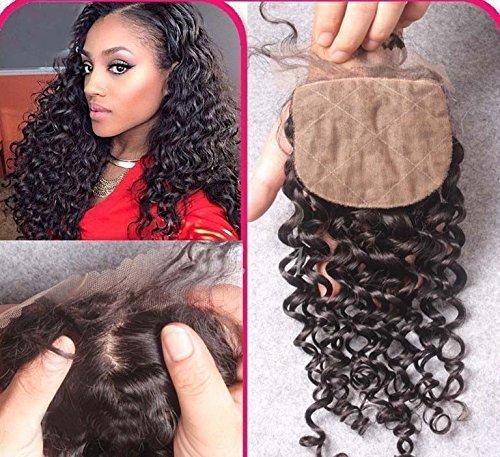 RemeeHi Remeehi Deep Curly Silk Base Top Closure Bleached Knots Free/Middle/3 Part 4"X4" Brazilian Virgin Human Hair Closure Natural Color (Middle Part 10 inch)
