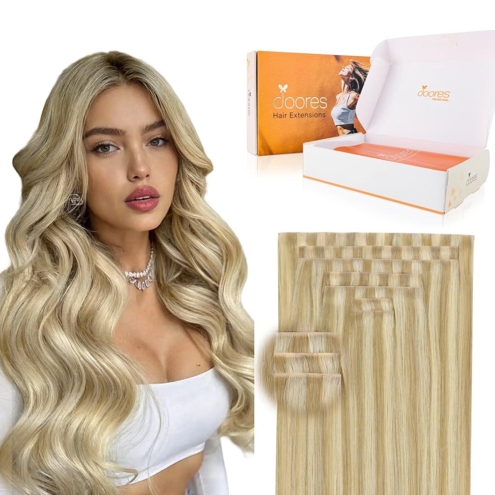DOORES DOORES Seamless Clip in Hair Extensions 14 inch 110g 7pcs, Light Blonde Highlighted Golden Blonde Virgin Human Hair Clip in Extensions, Invisi Edge Clip in Hair Extensions