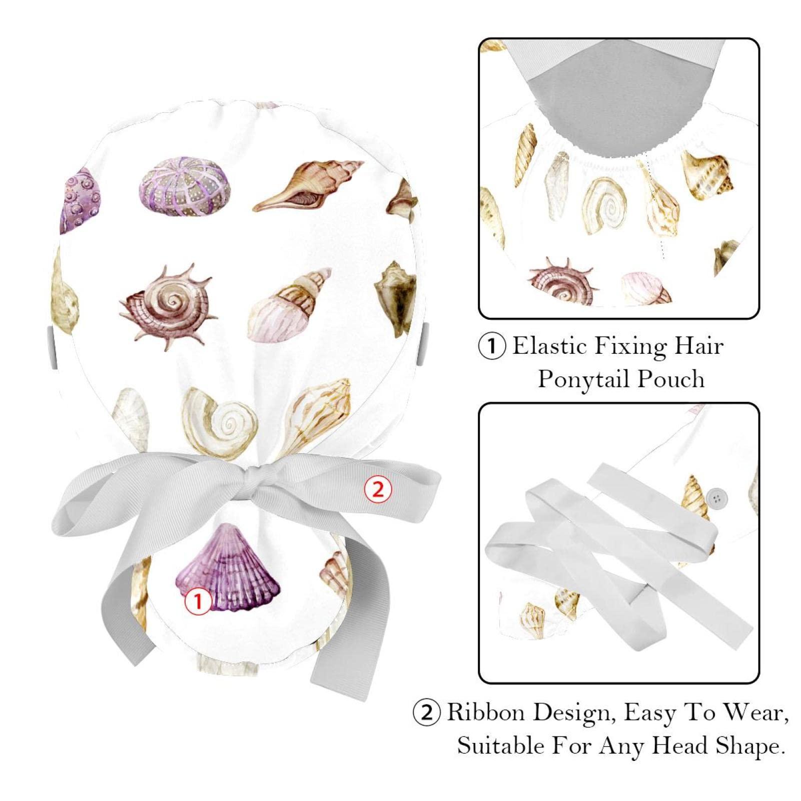 Lyetny Set of Shells Graphic Scrub Caps Hats Women Bouffant Working Hat Ponytail Holder for Women Long Hair Covers 2PCS