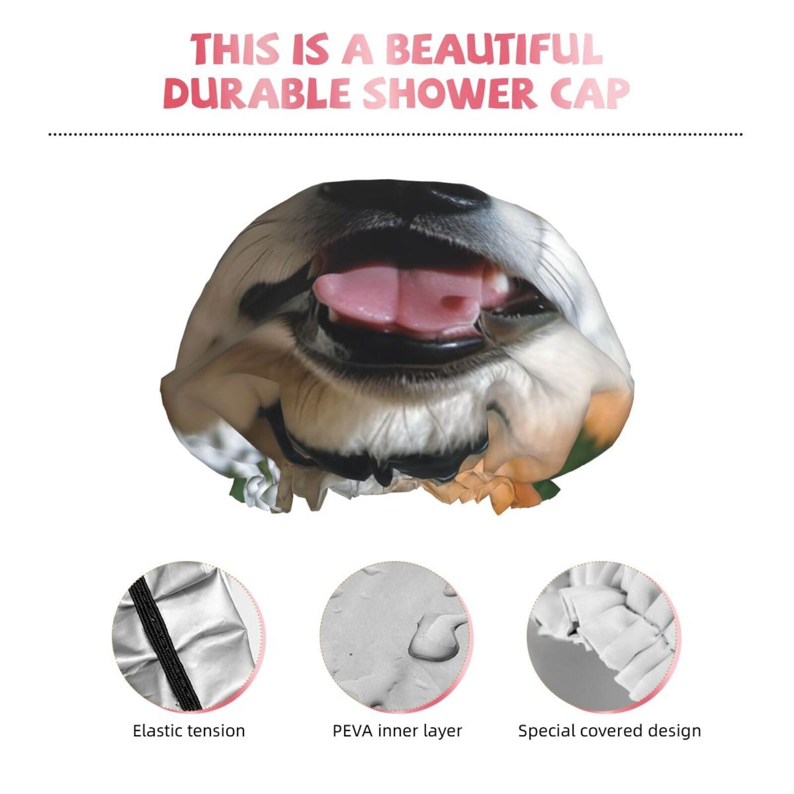 GFLFMXZW Shiba Inu Smile Tongue Out Shower Cap Reusable Double Layered Bath Cap Waterproof Hair Cap with Elastic Band Bathing Hat Spa Salon Shower Hat for Women Men