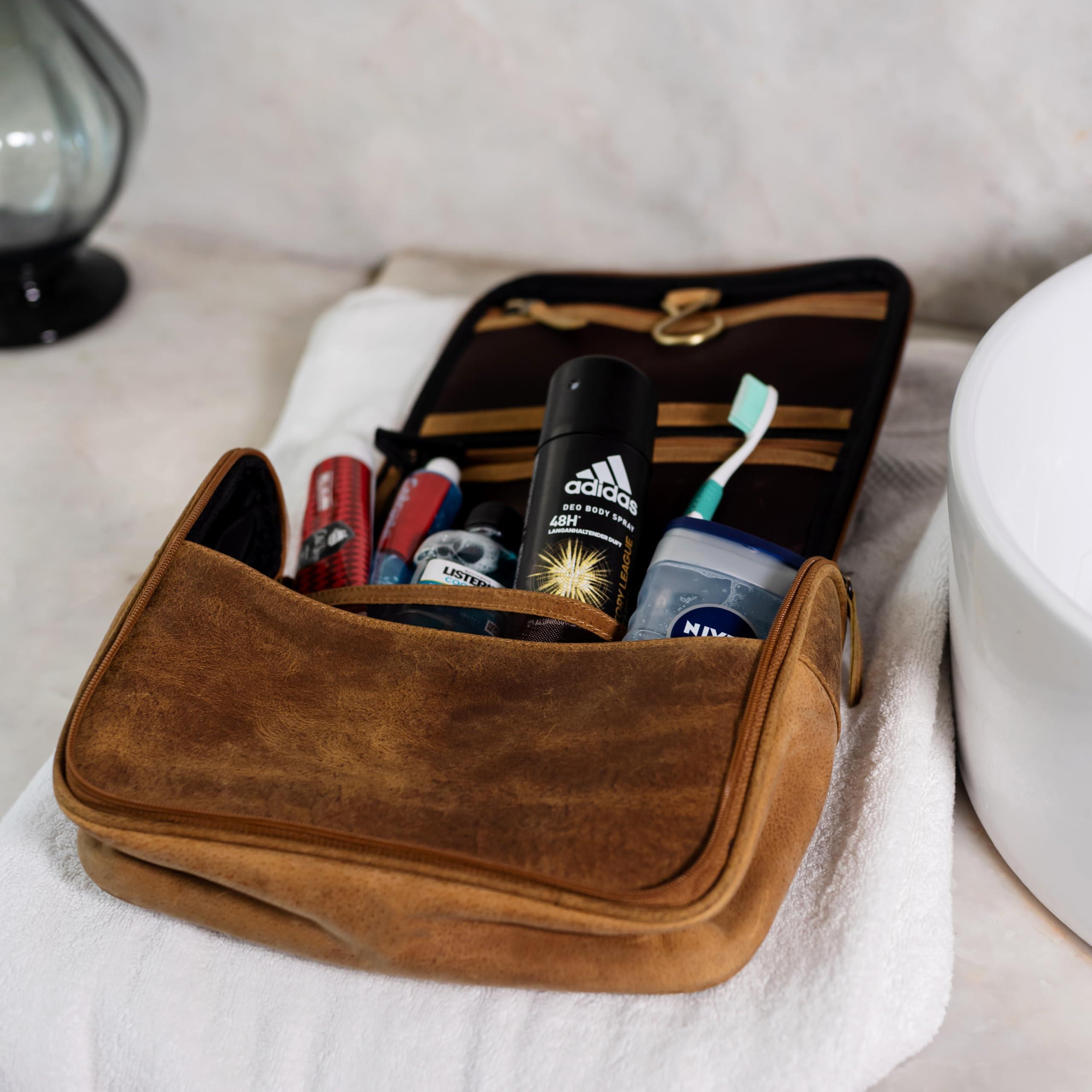 L LEATHERESQUE L LEATHERESQUE Lincoln Genuine Buffalo Pull-up Leather Hanging Toiletry Bag Dopp Kit Shaving Kit Cosmetics Bag Travel Case