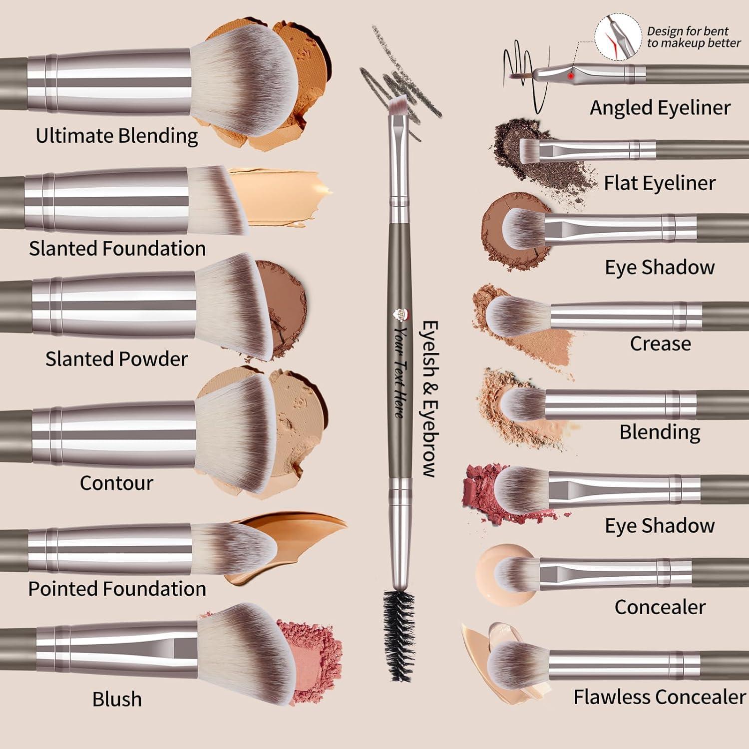 Vebermo Personalized Gift Custom Makeup Brush Set with Custom Brush Bag, 15 Pcs Premium Synthetic Personalized Makeup Brushes Foundation Eyeshadow Brush Powder Blush Concealers Brush Set(Champagne)