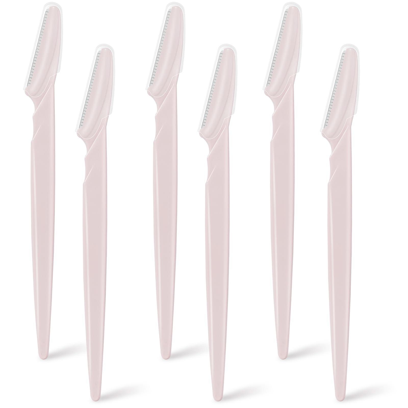 JHZMCRX 6 Pcs Light Pink Eyebrow Razor, Face Razors Multipurpose, Facial Razors for Women Men, Eyebrow Trimmers Shaver with Safety Cover, Dermaplaning Tools for Face Body Use, Facial Hair Removal Tools