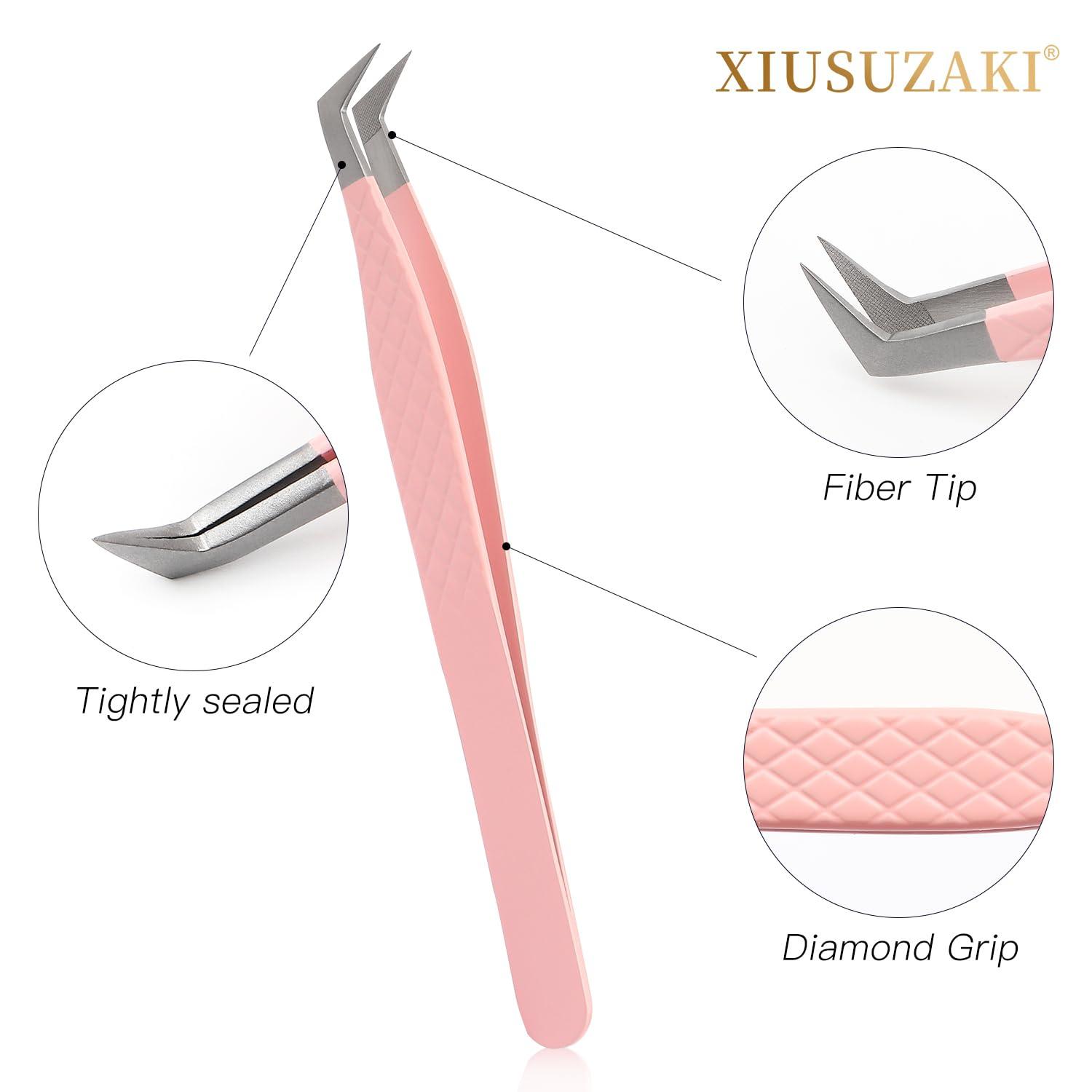 XIUSUZAKI Lash Tweezers For Eyelash Extensions Fiber Tip Lash Tweezers Pink Straight/Curved Lash Extension Tweezers Eyelash Tweezers Professional Tweezers For Lash Extensions(Pink,X07)